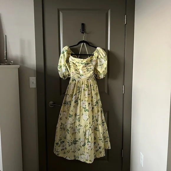 Abercrombie & Fitch | Yellow Floral Emerson Poplin Puff Sleeve Midi Dress - Picture 1 of 14